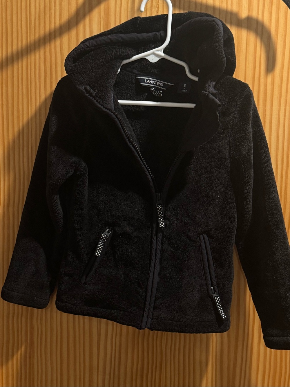 Lands' End Black Hooded Kids Puffer-Style Fleece Jacket